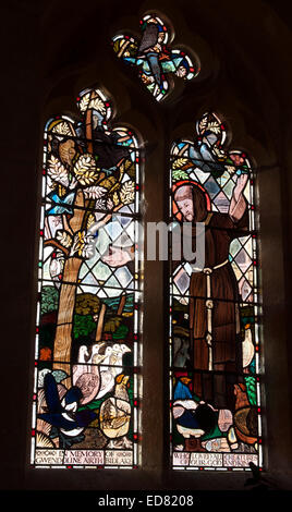 Saint Francis of Assisi stained glass, St. George`s Church, Didbrook, Gloucestershire, England, UK Stock Photo